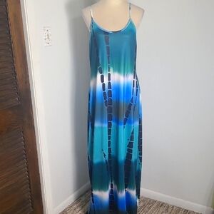 Shein Shades of Blue, White Maxi-Dress OS Pockets, Spaghetti Straps Size 12 NWOT